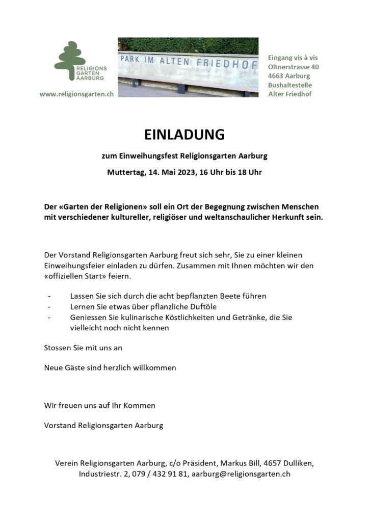 Einladung zum Einweihungsfest Religionsgarten Aarburg, Sonntag, 14. Mai 2023, 16 bis 18 Uhr